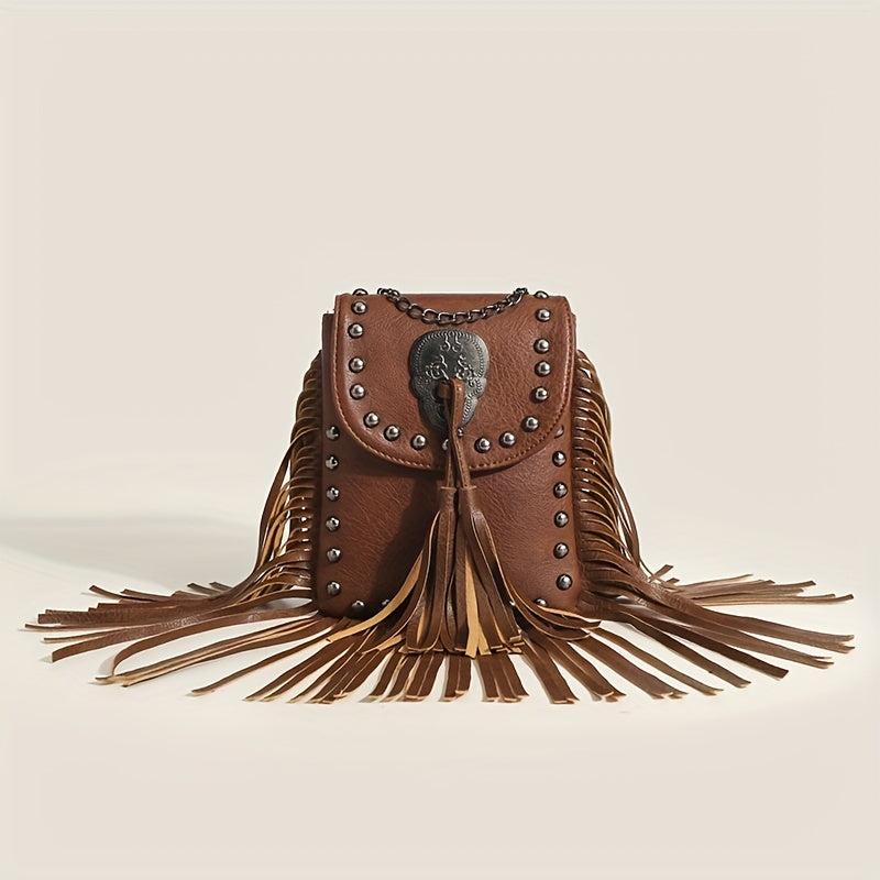 Fringe Crossbody Bag with Studs and Skull Decor