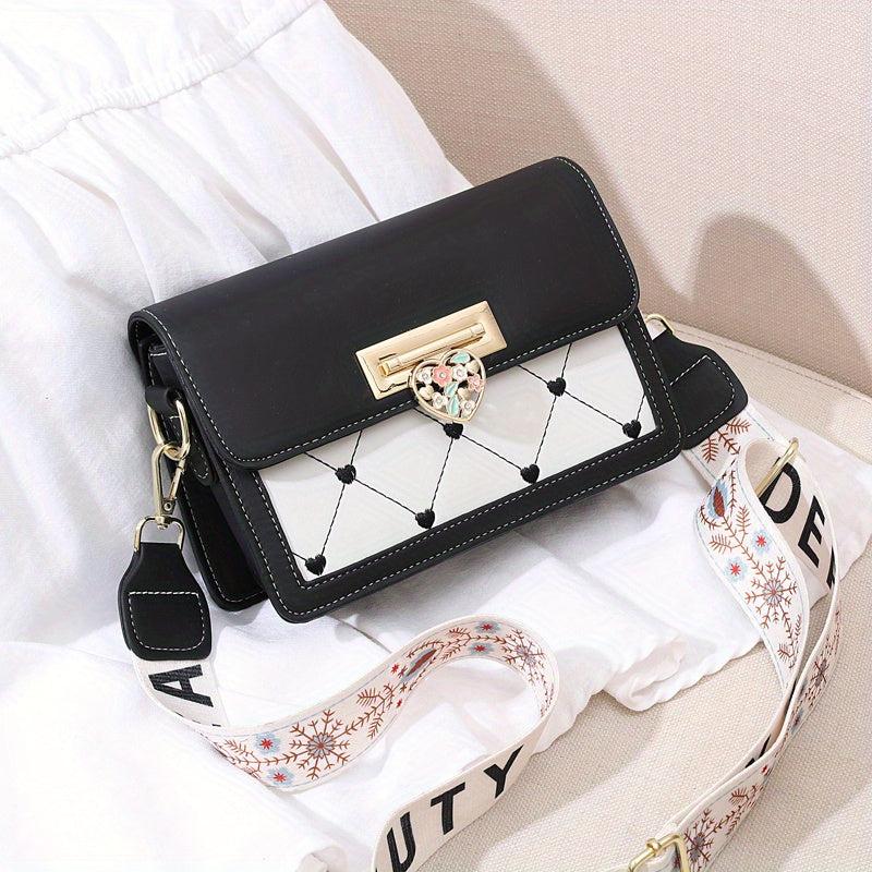 Love Embroidered Shoulder Bag Colorblock Crossbody Wide Strap