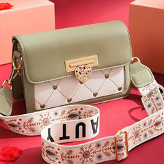 Love Embroidered Shoulder Bag Colorblock Crossbody Wide Strap