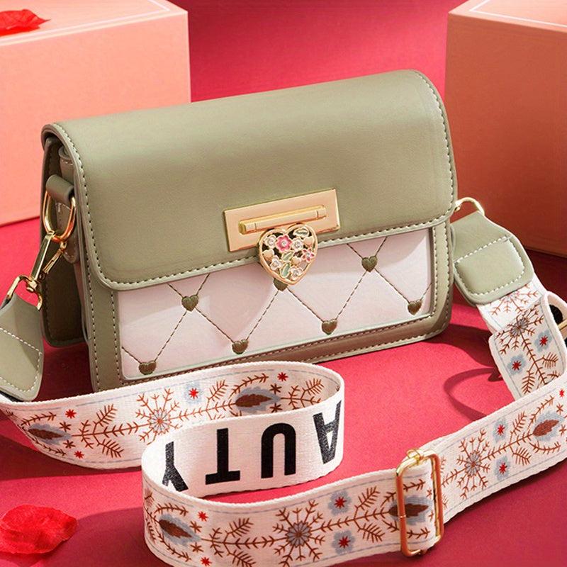 Love Embroidered Shoulder Bag Colorblock Crossbody Wide Strap