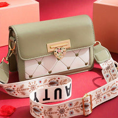 Love Embroidered Shoulder Bag Colorblock Crossbody Wide Strap