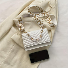 Chevron Quilted Crossbody Bag Flap Square Purse Chain Decor Shoulder