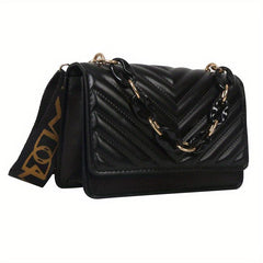 Chevron Quilted Crossbody Bag Flap Square Purse Chain Decor Shoulder
