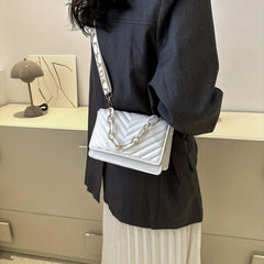 Chevron Quilted Crossbody Bag Flap Square Purse Chain Decor Shoulder