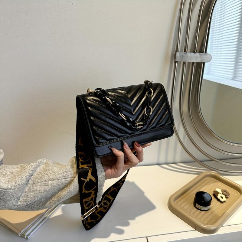 Chevron Quilted Crossbody Bag Flap Square Purse Chain Decor Shoulder