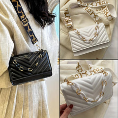 Chevron Quilted Crossbody Bag Flap Square Purse Chain Decor Shoulder