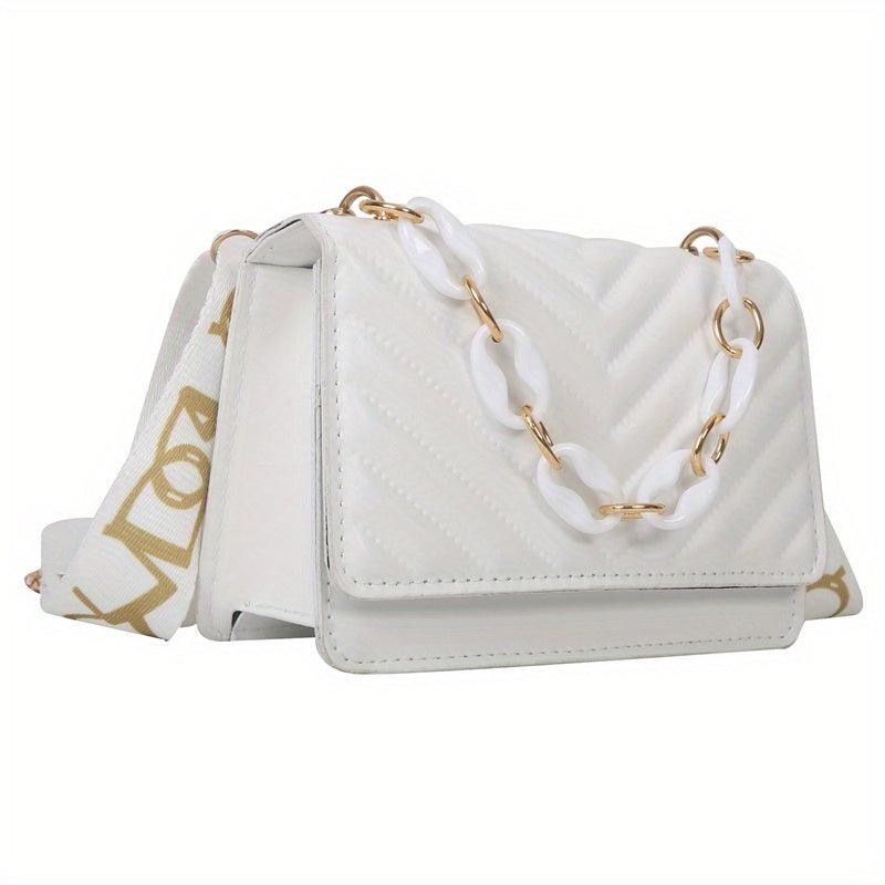 Chevron Quilted Crossbody Bag Flap Square Purse Chain Decor Shoulder