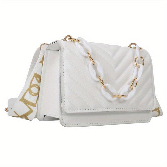 Chevron Quilted Crossbody Bag Flap Square Purse Chain Decor Shoulder