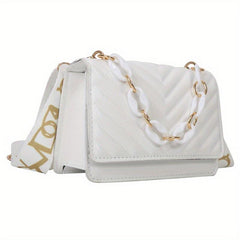 Chevron Quilted Crossbody Bag Flap Square Purse Chain Decor Shoulder