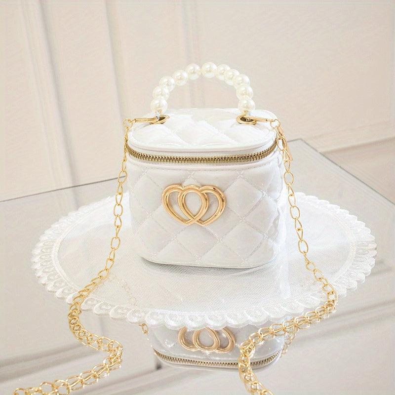 Embossed Heart Shoulder Bag with Faux Pearl Handle