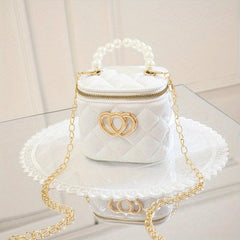 Embossed Heart Shoulder Bag with Faux Pearl Handle