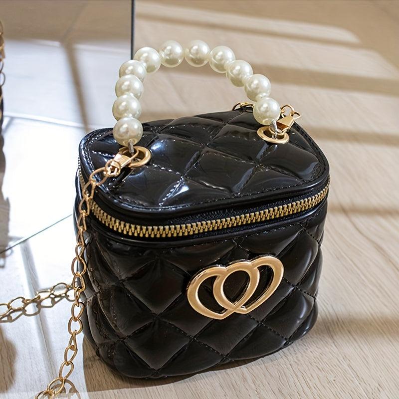 Embossed Heart Shoulder Bag with Faux Pearl Handle