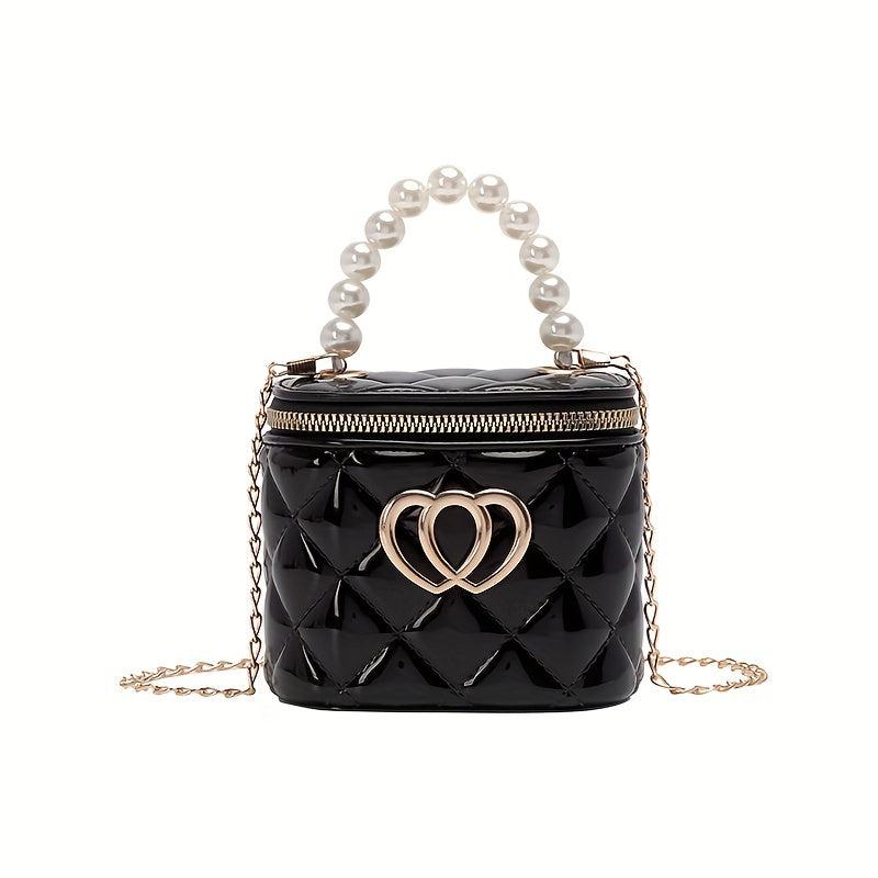 Embossed Heart Shoulder Bag with Faux Pearl Handle