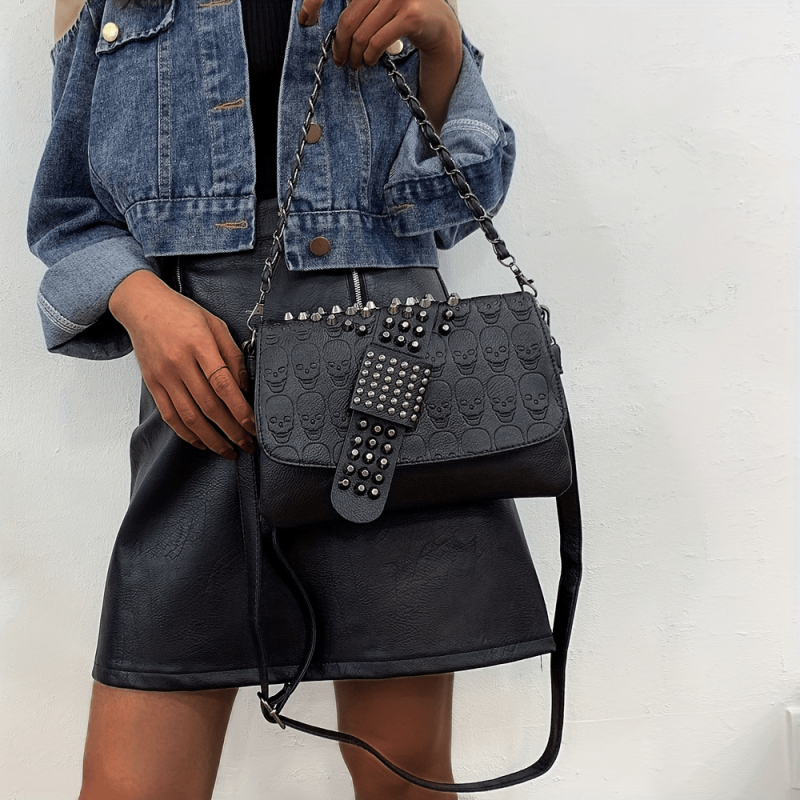 Gothic Chain Crossbody Bag Skull Studded Decor Handbags