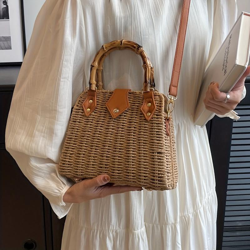 Rattan Woven Handbag Bamboo Handle Straw Bag Women's Summer Beach Crossbody Bag