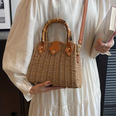 Rattan Woven Handbag Bamboo Handle Straw Bag Women's Summer Beach Crossbody Bag