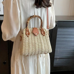 Rattan Woven Handbag Bamboo Handle Straw Bag Women's Summer Beach Crossbody Bag