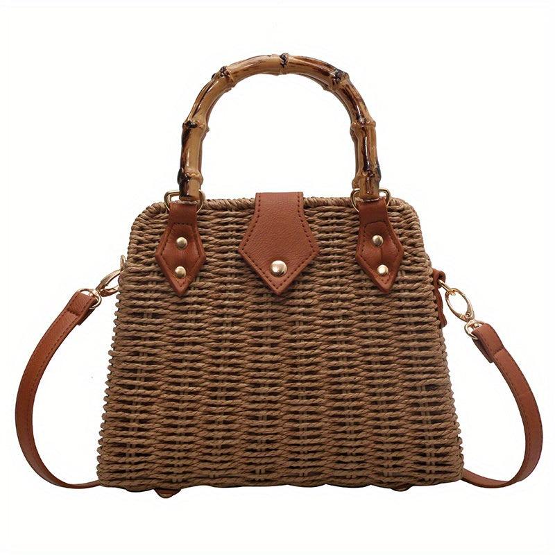 Rattan Woven Handbag Bamboo Handle Straw Bag Women's Summer Beach Crossbody Bag