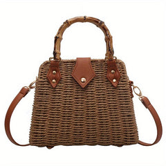 Rattan Woven Handbag Bamboo Handle Straw Bag Women's Summer Beach Crossbody Bag