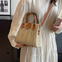 Rattan Woven Handbag Bamboo Handle Straw Bag Women's Summer Beach Crossbody Bag