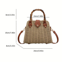 Rattan Woven Handbag Bamboo Handle Straw Bag Women's Summer Beach Crossbody Bag