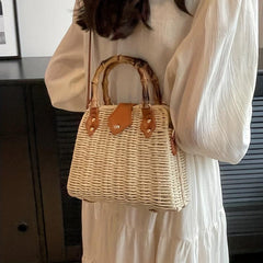 Rattan Woven Handbag Bamboo Handle Straw Bag Women's Summer Beach Crossbody Bag