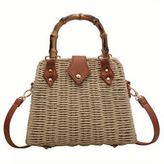 Rattan Woven Handbag Bamboo Handle Straw Bag Women's Summer Beach Crossbody Bag