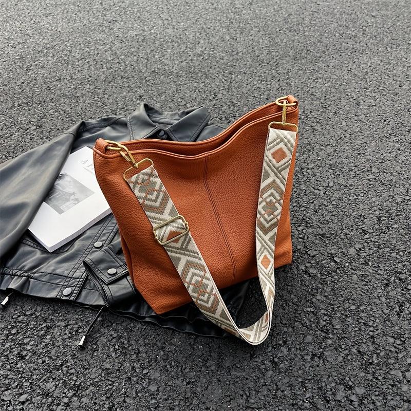 Wide Strap Crossbody Bag PU Leather Classic Shoulder Bag