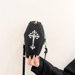Retro Cross Print Coffin Shape Goth Shoulder Bag