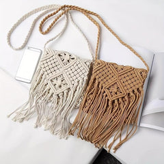Boho Straw Bag Tassel Beach Crossbody Fringed Knitted Bag