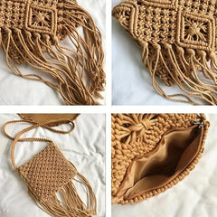 Boho Straw Bag Tassel Beach Crossbody Fringed Knitted Bag