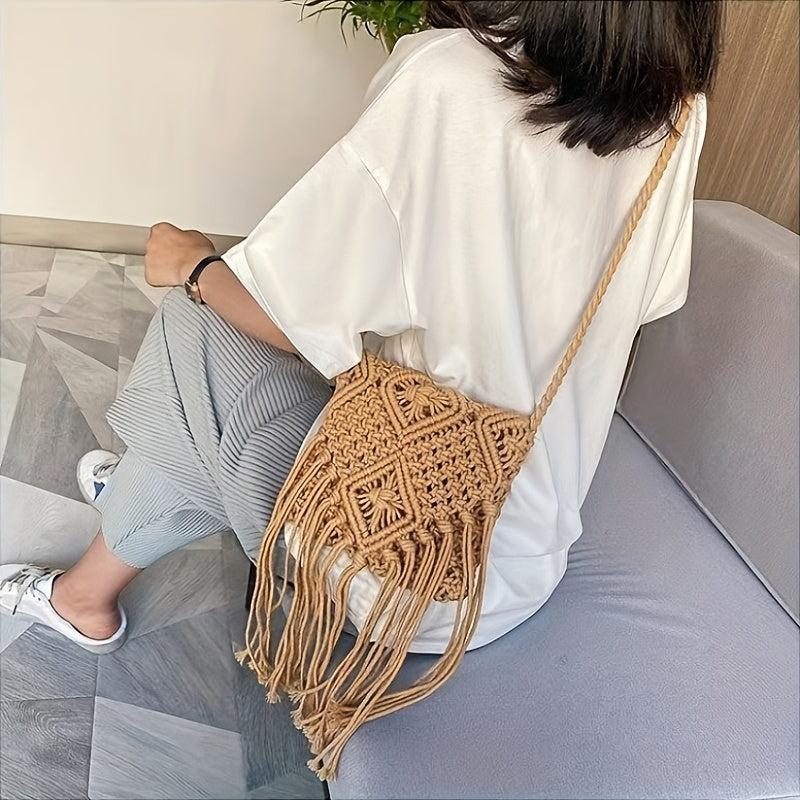 Boho Straw Bag Tassel Beach Crossbody Fringed Knitted Bag