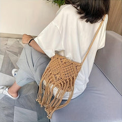 Boho Straw Bag Tassel Beach Crossbody Fringed Knitted Bag
