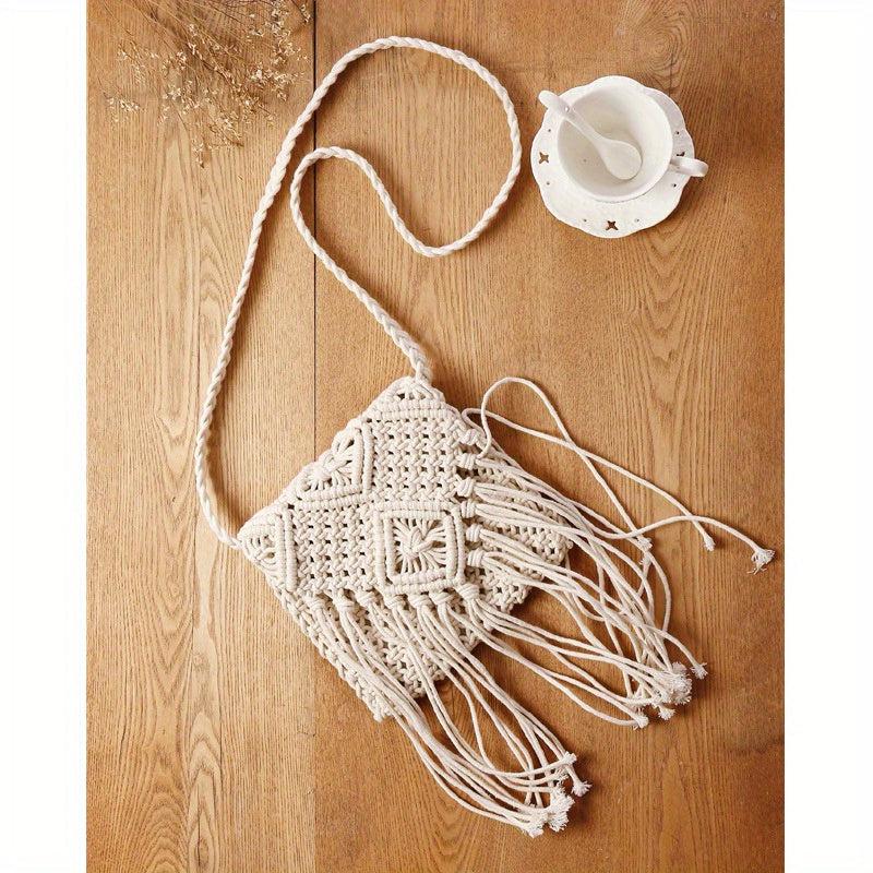 Boho Straw Bag Tassel Beach Crossbody Fringed Knitted Bag