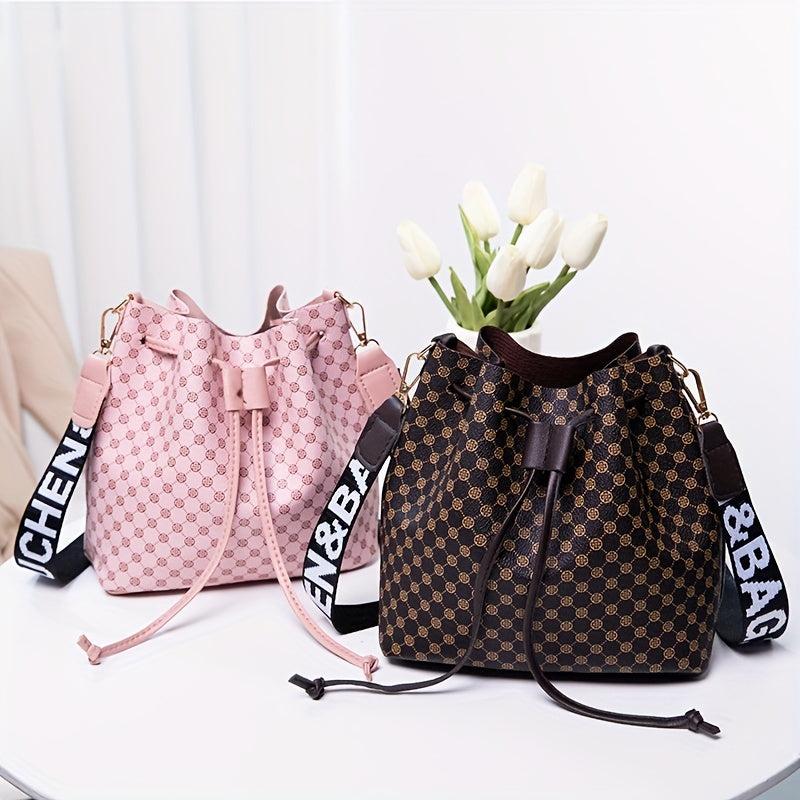 Vintage Geometric Pattern Bucket Bag Drawstring Shoulder Bag