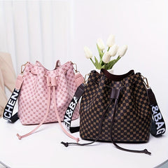 Vintage Geometric Pattern Bucket Bag Drawstring Shoulder Bag