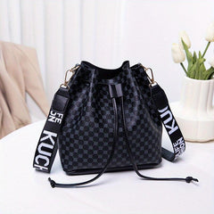 Vintage Geometric Pattern Bucket Bag Drawstring Shoulder Bag
