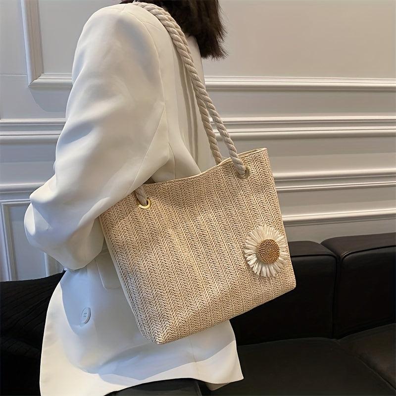 Flower Decor Straw Bag Casual Travel Beach Bag Women's Woven Shoulder Bag