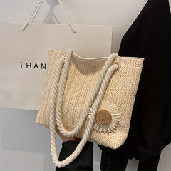 Flower Decor Straw Bag Casual Travel Beach Bag Women's Woven Shoulder Bag