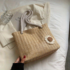 Flower Decor Straw Bag Casual Travel Beach Bag Women's Woven Shoulder Bag