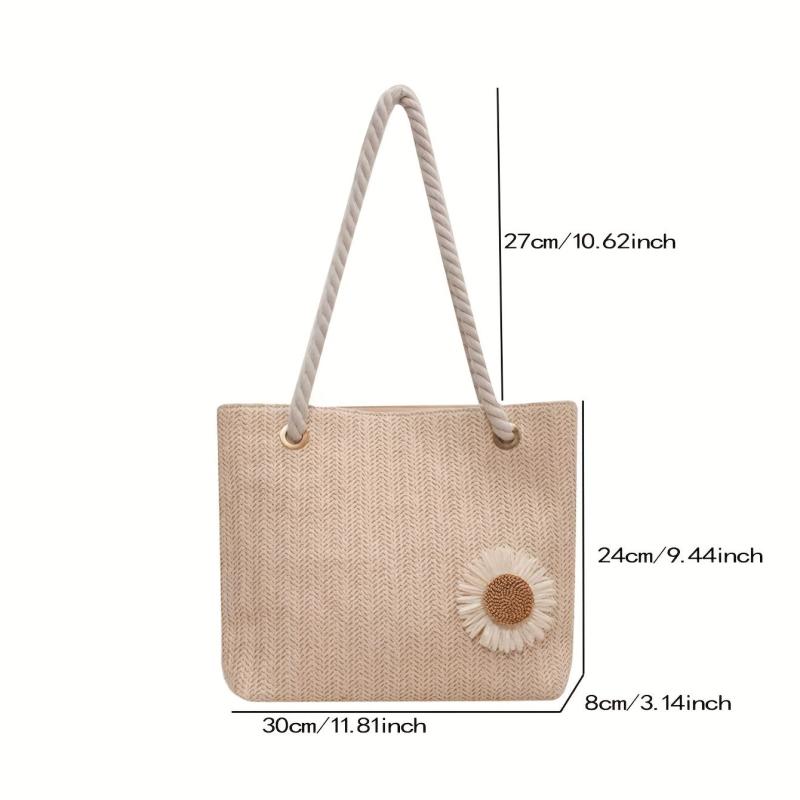 Flower Decor Straw Bag Casual Travel Beach Bag Women's Woven Shoulder Bag