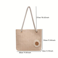 Flower Decor Straw Bag Casual Travel Beach Bag Women's Woven Shoulder Bag