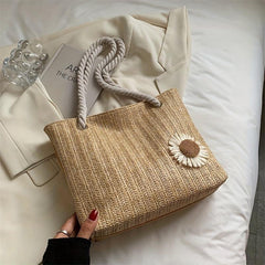 Flower Decor Straw Bag Casual Travel Beach Bag Women's Woven Shoulder Bag