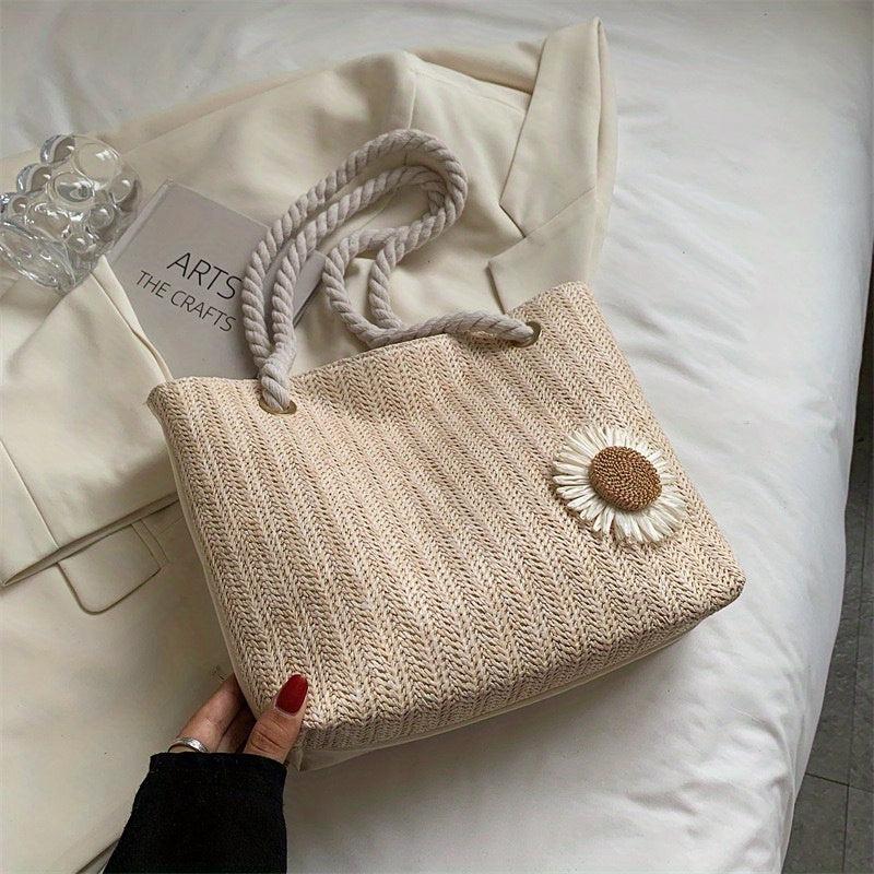 Flower Decor Straw Bag Casual Travel Beach Bag Women's Woven Shoulder Bag