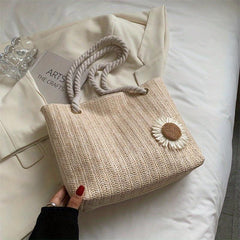 Flower Decor Straw Bag Casual Travel Beach Bag Women's Woven Shoulder Bag