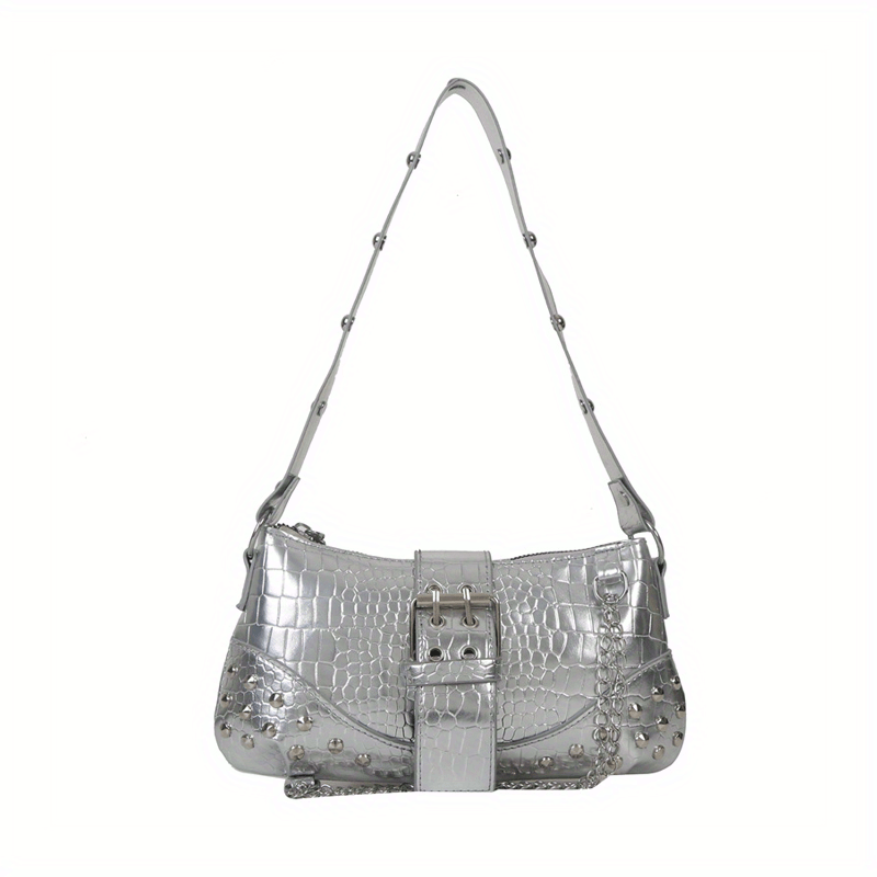 Crocodile Embossed Baguette Bag Y2K Underarm Chain Bag