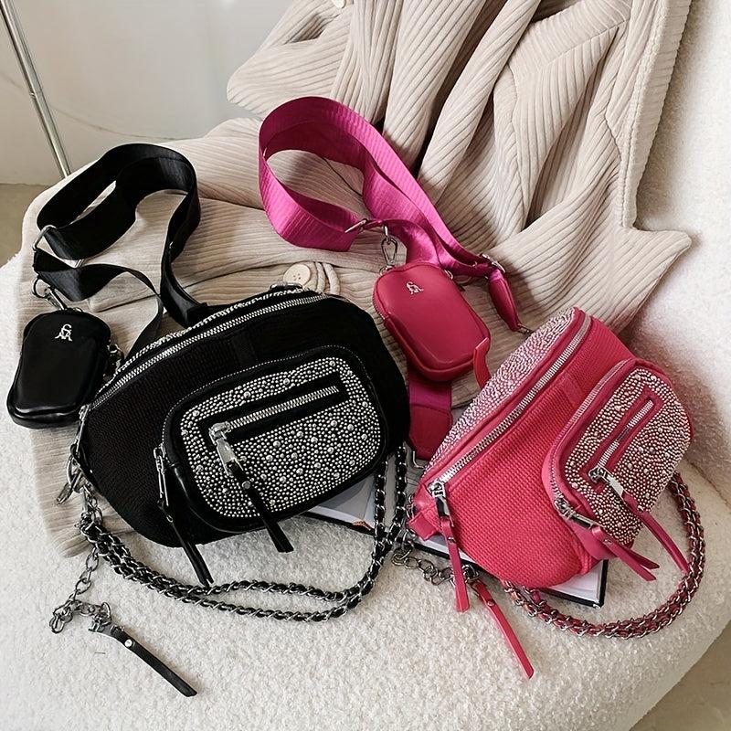 Glitter Metal Chain Crossbody Bag PU Leather Shoulder Bag
