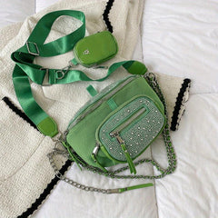 Glitter Metal Chain Crossbody Bag PU Leather Shoulder Bag