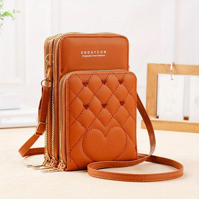 Heart Embroidery Vertical Wallet Mini Zipper Crossbody Purse