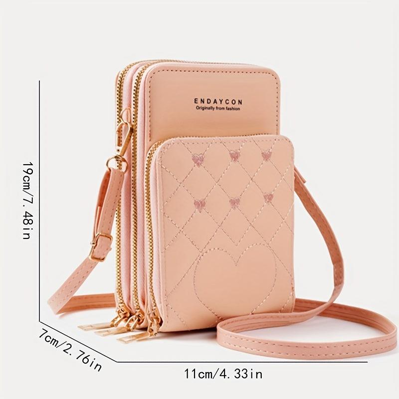Heart Embroidery Vertical Wallet Mini Zipper Crossbody Purse